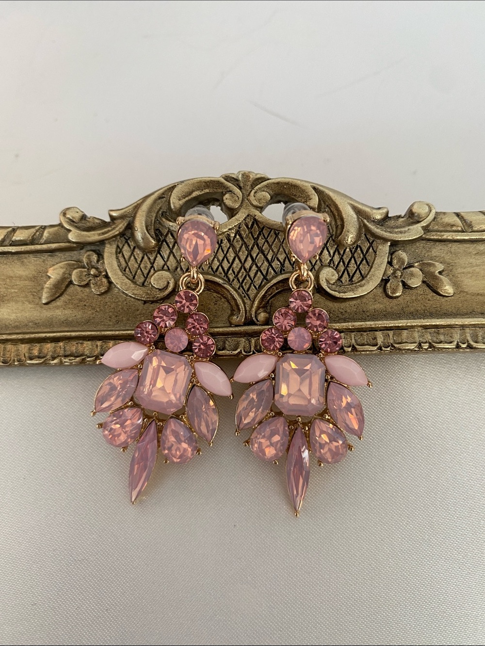 Blush Pink Statement Drop Earrings Faceted Rhinestone Gold Tone Floral Cluster